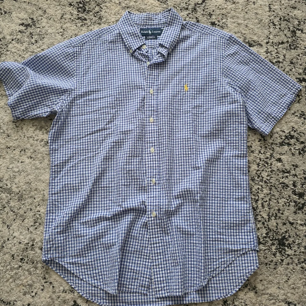 RALPH LAUREN Classic Fit Ginham Plaid Shortsleeve Button Down Mens L Blue White